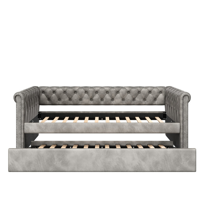 Sophia Tufted Design Upholstered Daybed with Trundle and Comfortable Backrest,Grey