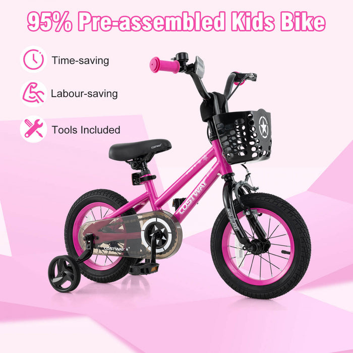 Costway 12\" Kid's Bike With Training Wheels Adjustable Handlebar & Seat Handbrake Pink
