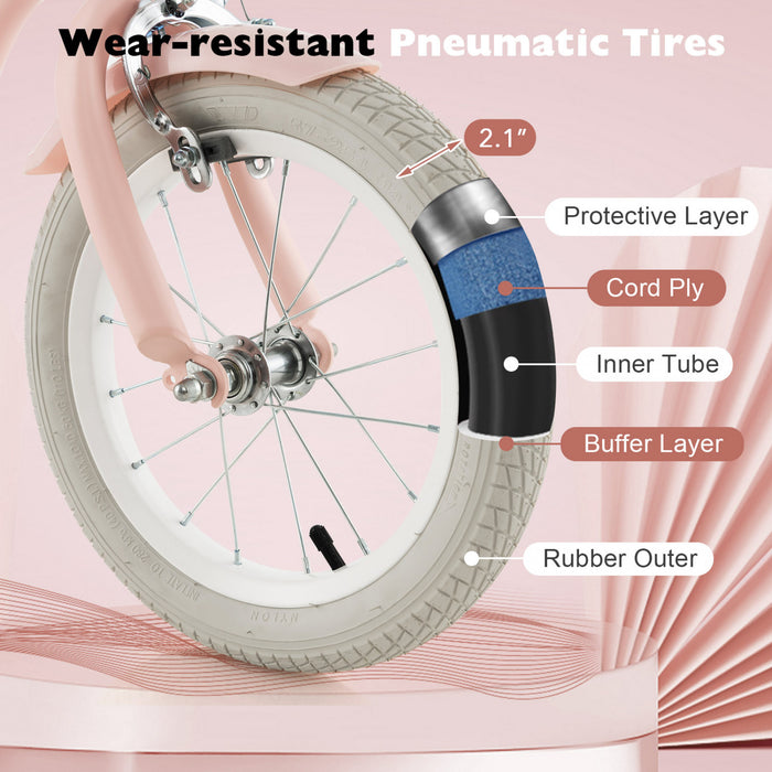 Costway 14\" Kid's Bike With Removable Training Wheels & Basket For 3-5 Years Old Pink