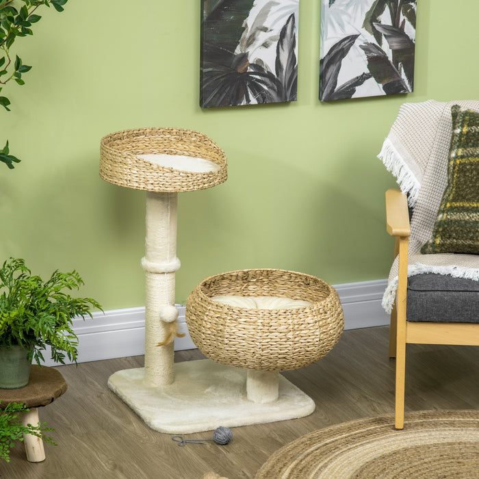 Pawhut 28\" Cat Tree With Scratching Post, Cat Tower For Indoor Cats With Double Beds, Beige