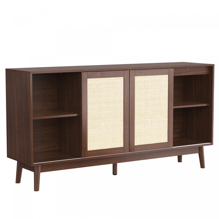 Oliver 61\" Sideboard Cabinet with Rattan Sliding Doors and Drawers,Dark Brown Accent Cabinet