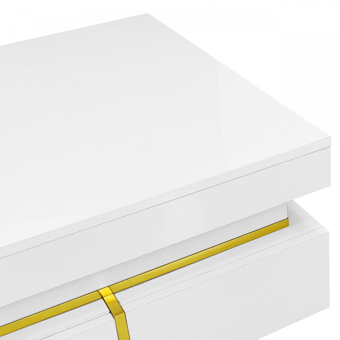 Ava High-Gloss Coffee Table with Storage Drawers and Gold Accents,White