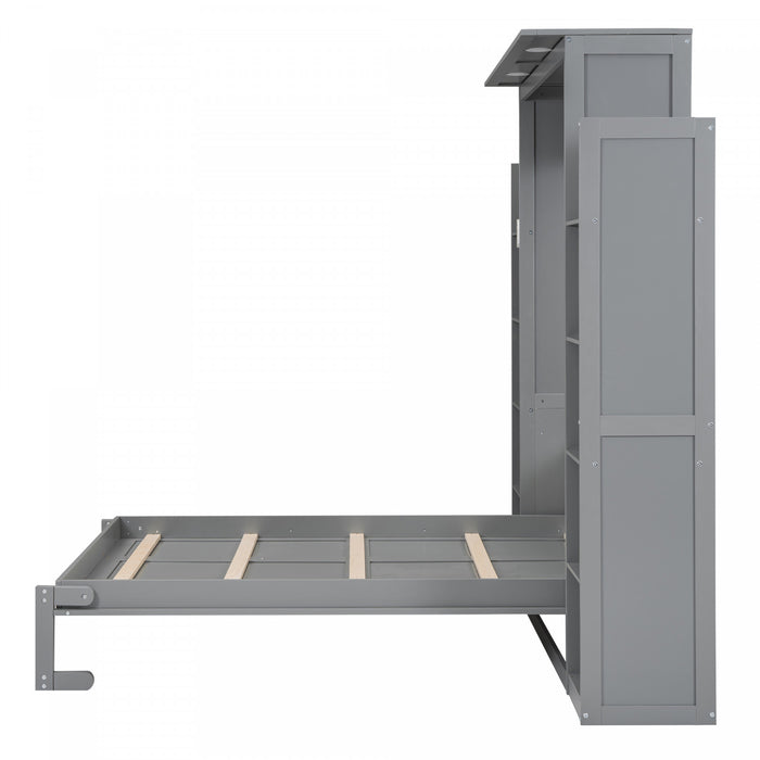 Aiden Murphy Bed with Shelves and LED Lights,Full Size,Grey Full Bed