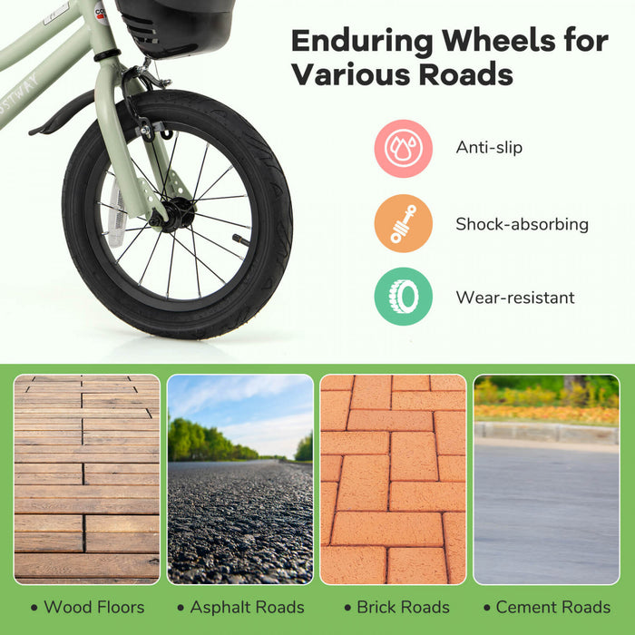 Costway 14\" Kid's Bike With Training Wheels Adjustable Handlebar & Seat Handbrake Green