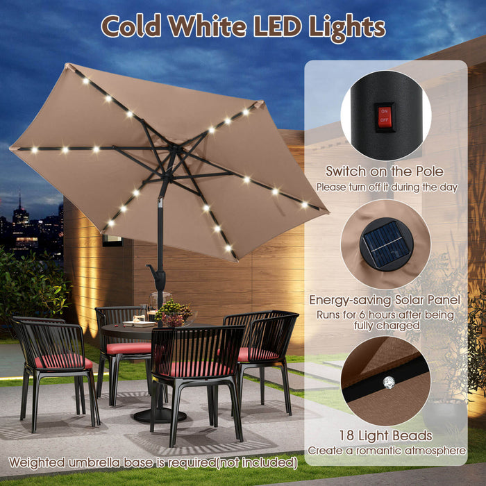 Costway 7.5 ft Solar Powered Patio Umbrella with LED Lights Push Button Tilt Crank Handle Brown