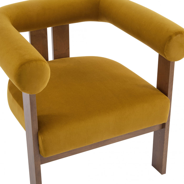 Crest Modern Upholstered Round Arm Accent Chair with Three-Leg Design, Mustard Yellow, Walnut