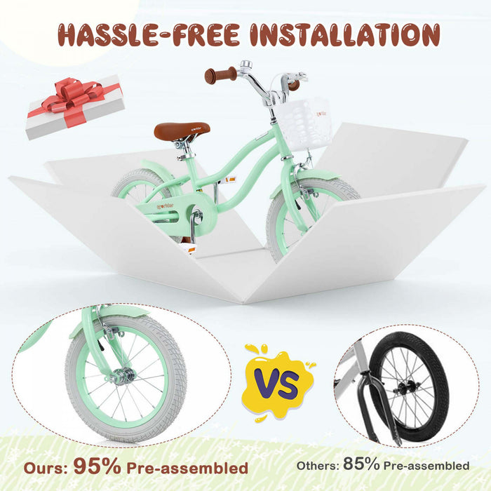 Prorider 14\" Kid's Bike With Removable Training Wheels & Basket For 3-5 Years Old Green