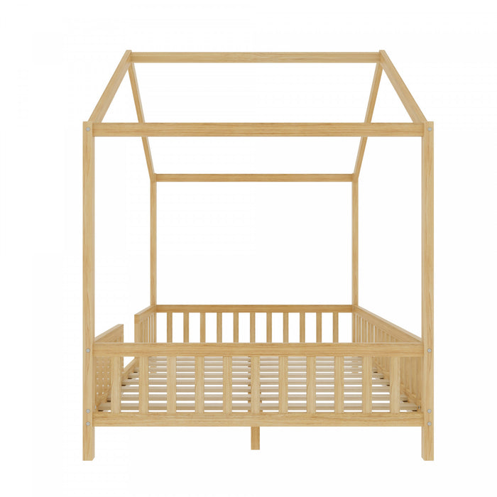 Paul Montessori Floor Bed with Canopy and High Railings,Full Size, Natural Full Bed