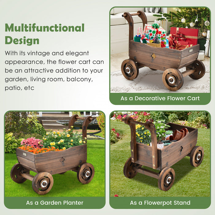 Decorative Wagon Cart Plant Flower Pot Stand Wooden Raised Garden Planter Box