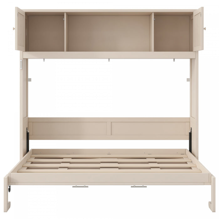 Ethan Solid Wood Murphy Bed with Storage Cabinets,Full Size,Beige Full Bed