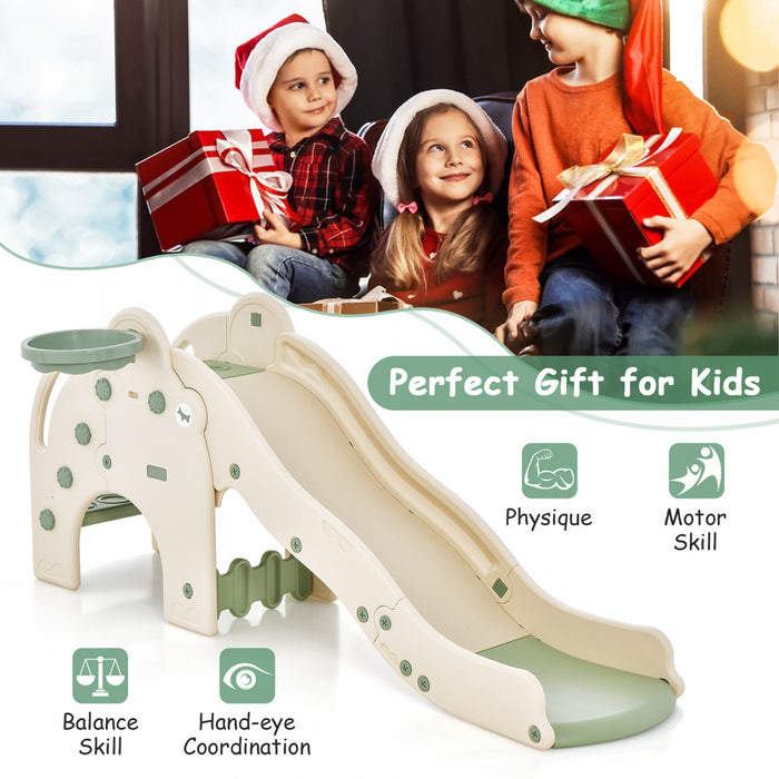 Costway 3-in-1 Toddler Slide With Buffer Zone Basketball Hoop & Ball Elephant Design