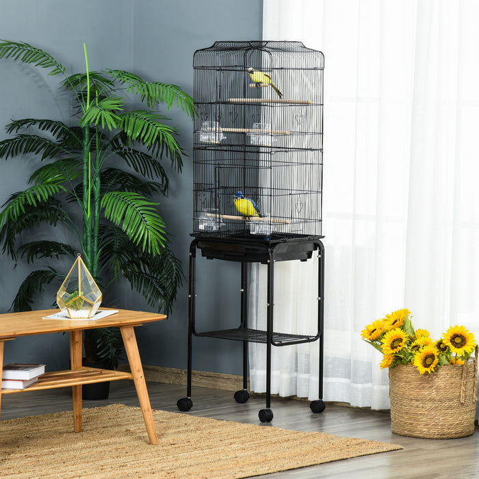 Pawhut 62\" Bird Cage Budgie Cage With Wheels, Detachable Stand, Storage, Black