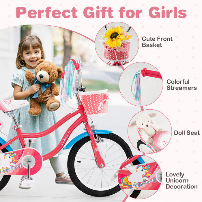 Costway 16\" Kids Bike With Basket Doll Seat & Colorful Streamers 2 Training Wheels Pink