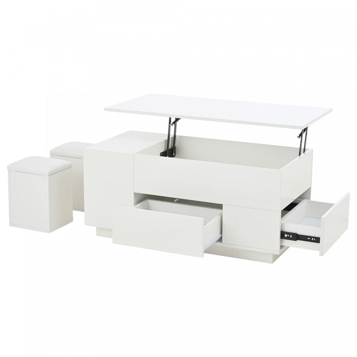 Flexi 39.3 Inch 4-in-1 Lift-Top Coffee Table with LED Lights, Dual Drawers and Storage Ottomans, White
