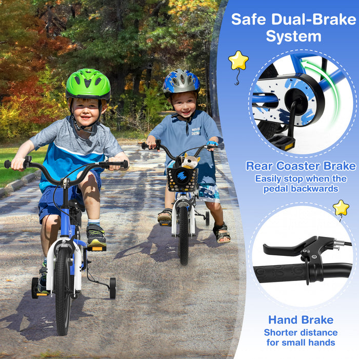 Costway 14'' Kid's Bike With Removable Training Wheels & Basket For 3-5 Years Old Skyblue