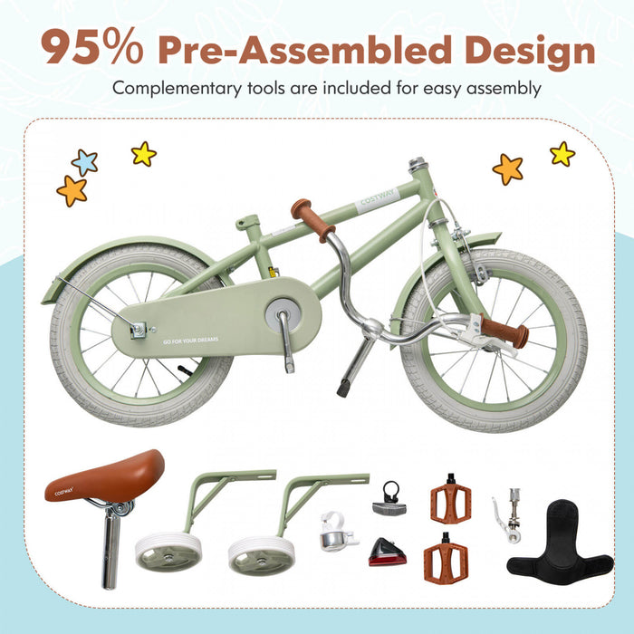 Costway 16\" Kids Bike With Adjustable Saddle Handlebar Removable Training Wheels Handbrake Green