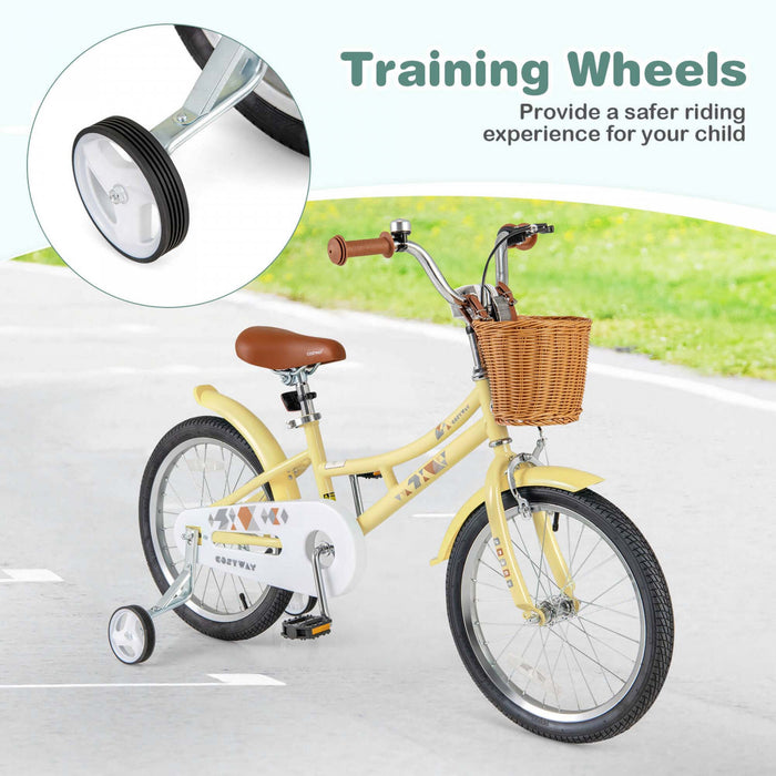 Costway 18\" Kids Bike With Height Adjustable Handlebar Seat Basket Bell Training Wheels Yellow