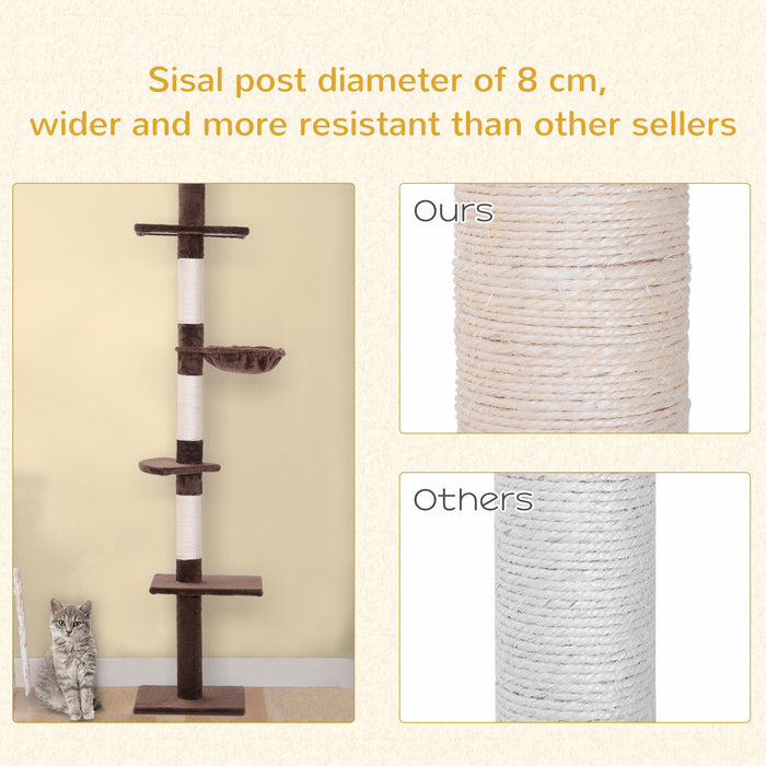 Pawhut 8.5ft Cat Climbing Tree 5-tier Kitty Activity Center Floor-to-ceiling Cat Climber Toy With Scratching Post Play Rest Post Pet Furniture Brown