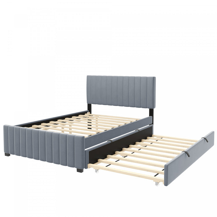 Ethan Space-Saving Velvet Upholstered Platform Bed with Trundle,Full Size,Grey Full Bed