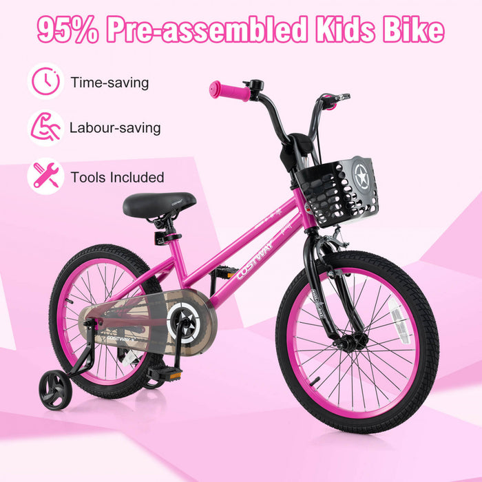 Costway 18\" Kid's Bike With Training Wheels Adjustable Handlebar & Seat Handbrake Pink