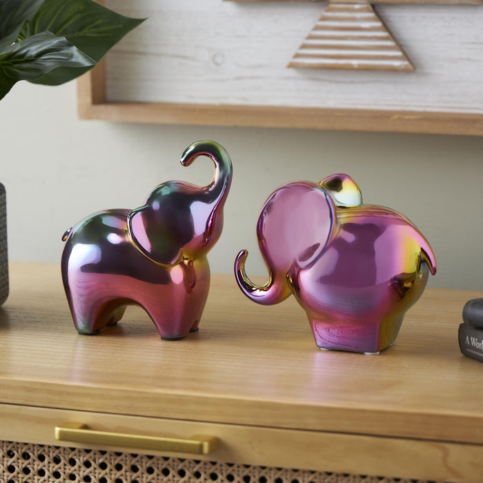 Ceramic 6\" Iridescent Elephant Sculpture - Set of 2