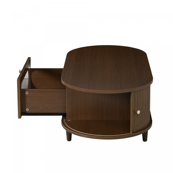 Grain 39.3 Inch Walnut Coffee Table with Roll-Up Door and Acrylic Drawer, Walnut