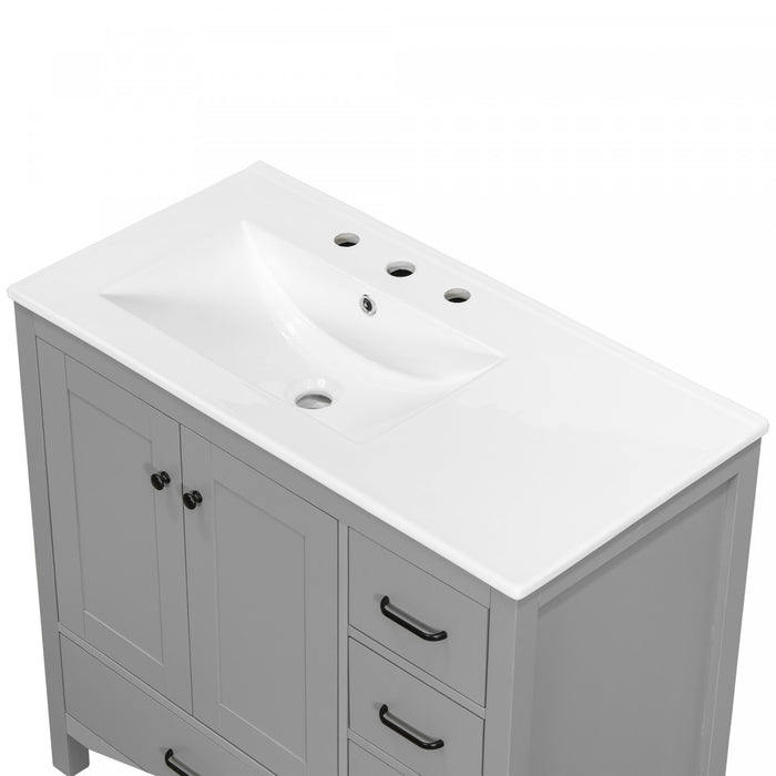 Derek 36 Inch Modern Bathroom Vanity with Ceramic Sink & Multi Storage, Grey