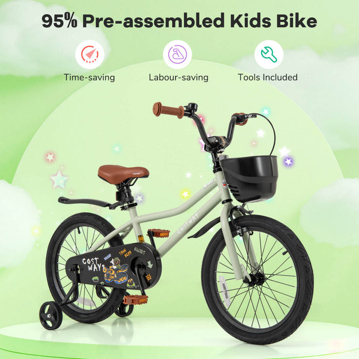 Costway 18\" Kid's Bike With Training Wheels Adjustable Handlebar & Seat Handbrake Green
