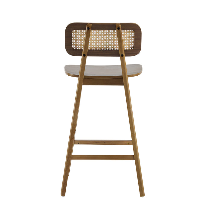 Bari Rubber Wood Counter Stool Set of 2 with Rattan Back and Footrest,Walnut