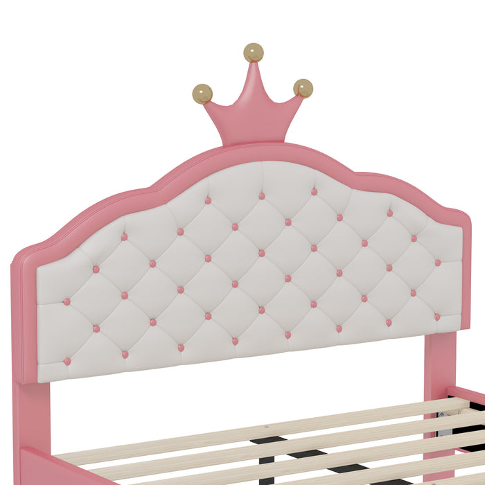 Lily Lovely Crown Fantasy Princess Bed with Tufted PU Leather Headboard,Full Size Full Bed