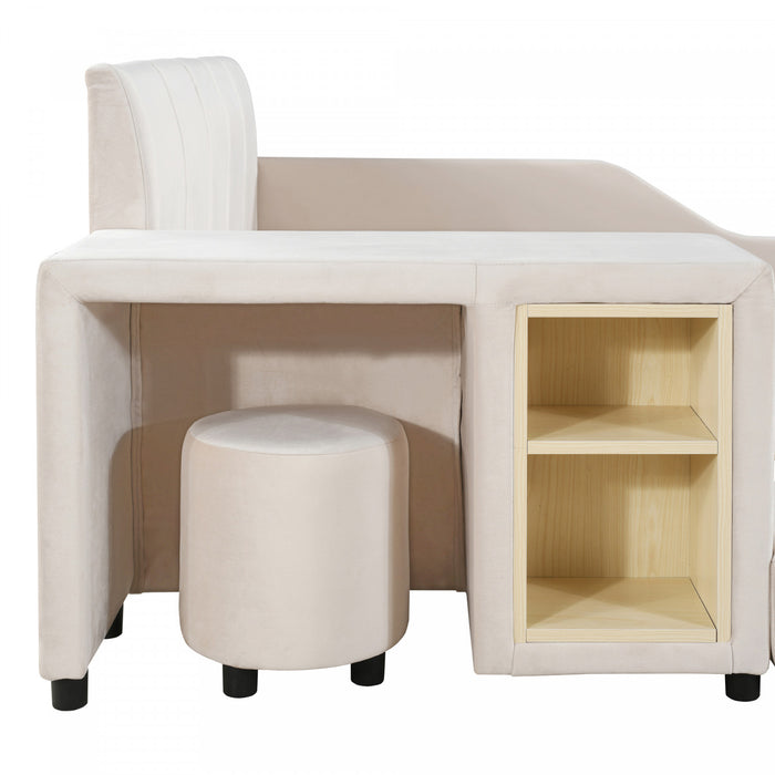 Lily Velvet Upholstered Grounded Bed with Desk and Stool,Queen Size,Beige Queen Bed