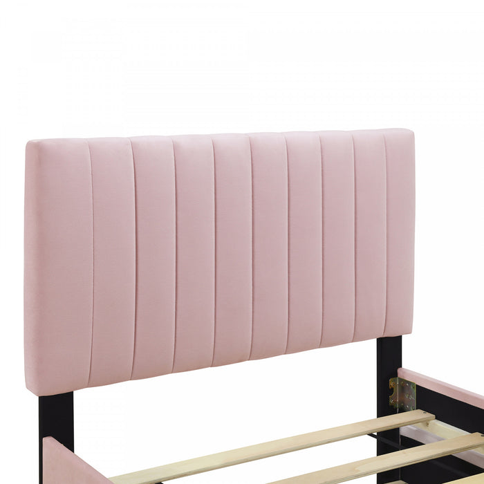 Ethan Space-Saving Velvet Upholstered Platform Bed with Trundle,Twin Size,Pink Twin Bed