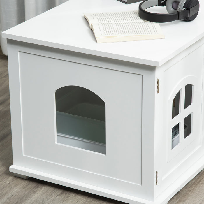 Pawhut Cat Litter Box Enclosure Hidden Cat Furniture Cabinet Indoor Cat Washroom Double-door Nightstand End Table With Cat Hole Window White
