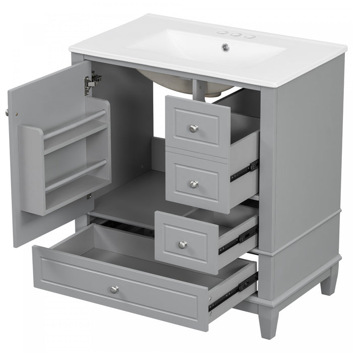Emma 30\" Solid Wood Bathroom Vanity with Ceramic Sink and Soft-Close Door, Grey
