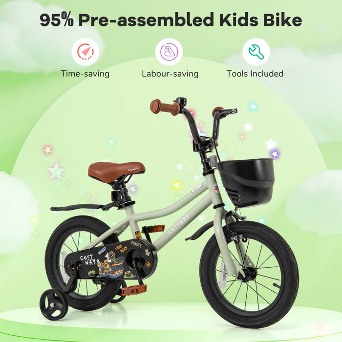 Costway 14\" Kid's Bike With Training Wheels Adjustable Handlebar & Seat Handbrake Green