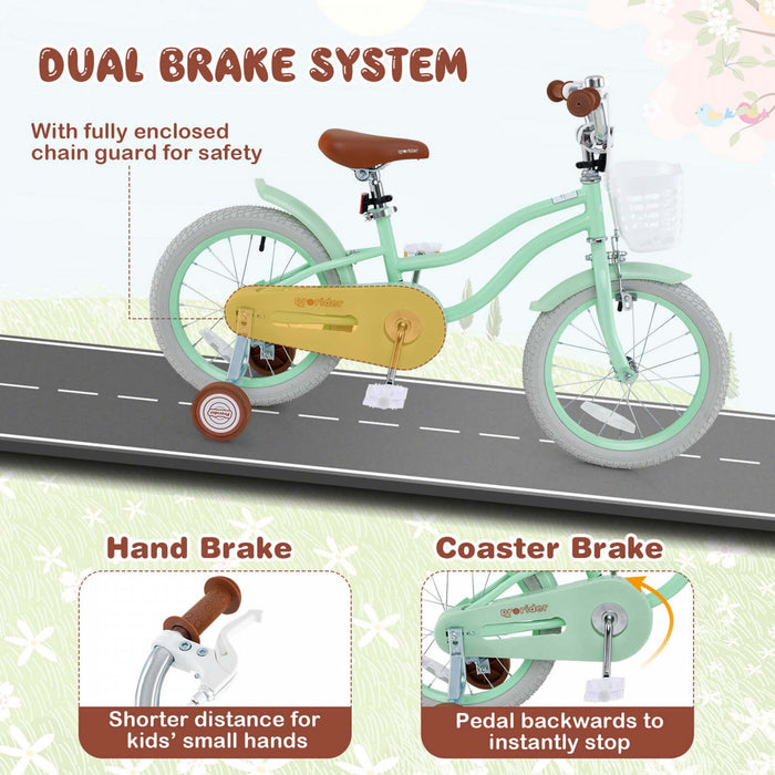 Prorider 16\" Kids Bike Toddler Adjustable Bicycle With Training Wheel For 4-7 Years Old Girl Green
