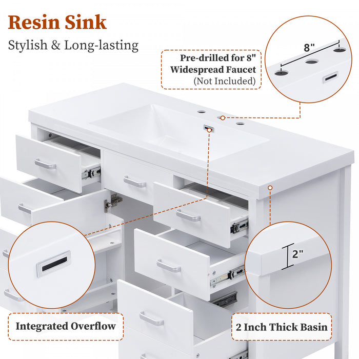 Resina 48 Inch Single Sink Bathroom Vanity with Resin Sink and 6 Drawers, White