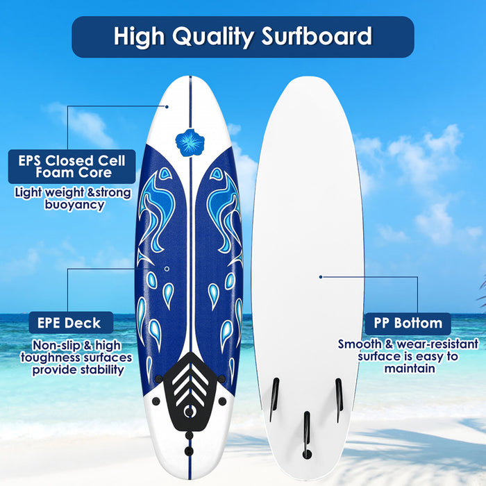 Costway 6' Surfboard Foamie Body Surfing Board W/3 Fins & Leash For Kids Adults White