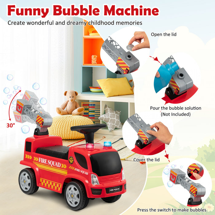 Costway Kids Ride On Fire Truck Foot-to-floor Sliding Push Car W/ Music & Bubble Maker