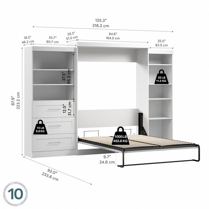 Bestar Pur Queen Murphy Bed with Shelving and Drawers 126-Inch Wall Bed