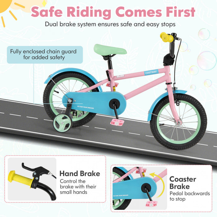 Costway 14\" Kids Bike With Adjustable Saddle Handlebar Removable Training Wheels Handbrake Pink