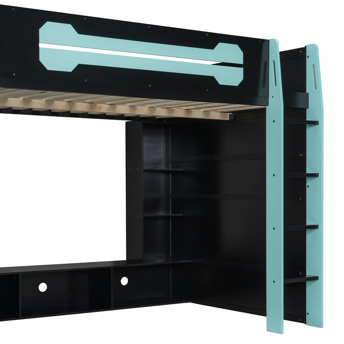 Olivia Wood Loft Bed with Desk and Multi-storage Shelves,RGB Light,Blue Full Bed