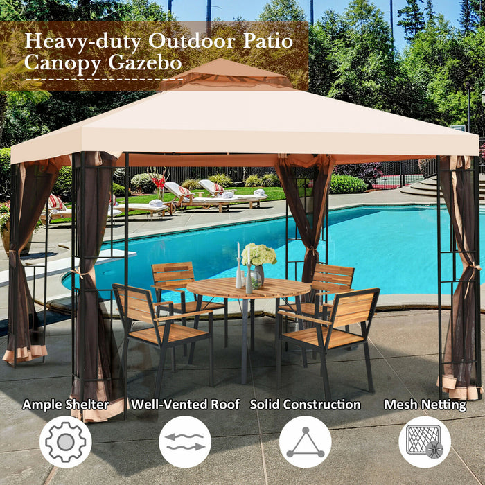 10x10ft Metal Gazebo W/ Mosquito Netting Canopy Gazebo 2 Tier Vented Gazebo Top