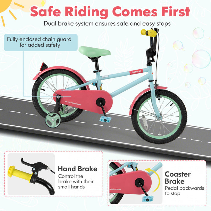 Costway 16\" Kids Bike With Adjustable Saddle Handlebar Removable Training Wheels Handbrake Red