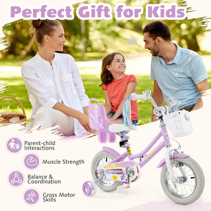 Costway 12 Inch Kids Bike With Training Wheels Doll Seat Basket Streamers Hand Brake Purple
