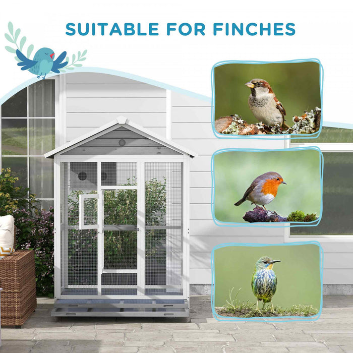 Pawhut 65\" Bird Cage Large Wooden Aviary For Canary With Standing Pole Nest Slide-out Tray, For Indoor Outdoor, Grey