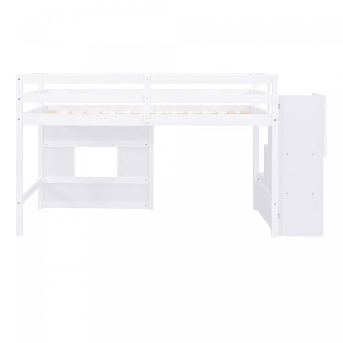 Martin Twin Solid Wood Loft Bed With Storage Stairs, Play Window, Led Light, White