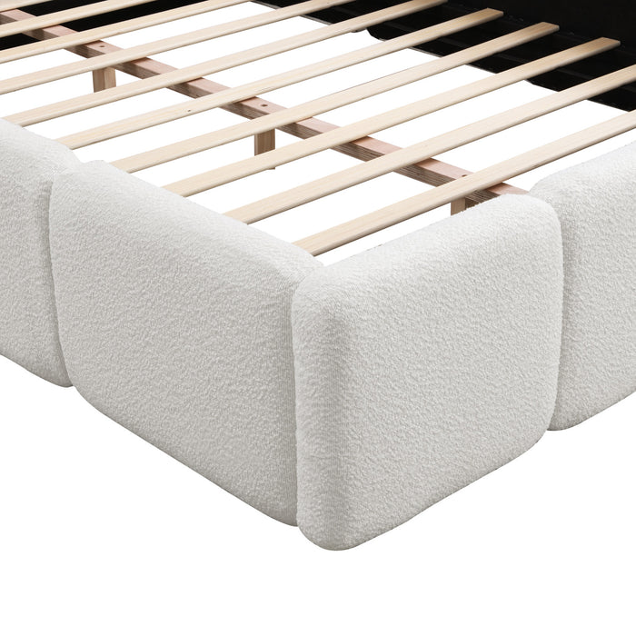 Aiden Platform Bed with Supportive Upholstered Frame in Boucle Fabric,King Size,White King Bed