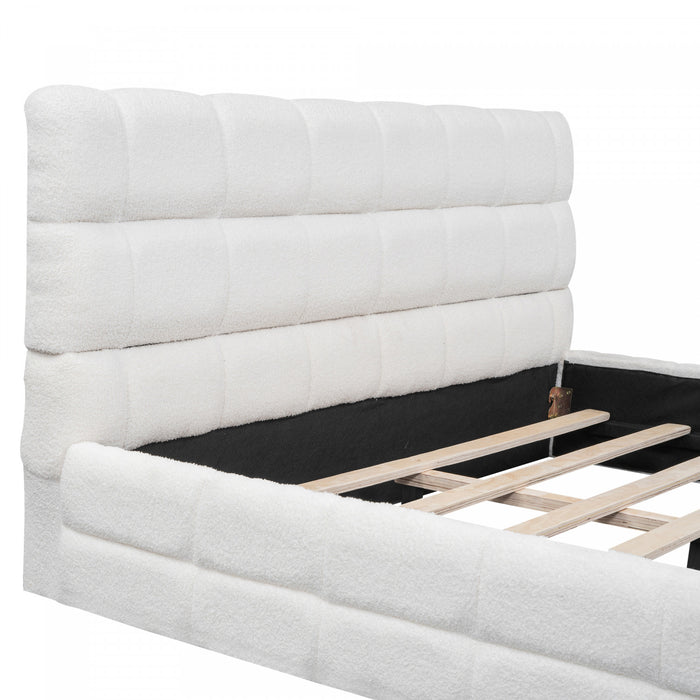 Emma Modern Upholstered Platform Bed with Comfortable Solid Wood,Queen Size,White Queen Bed