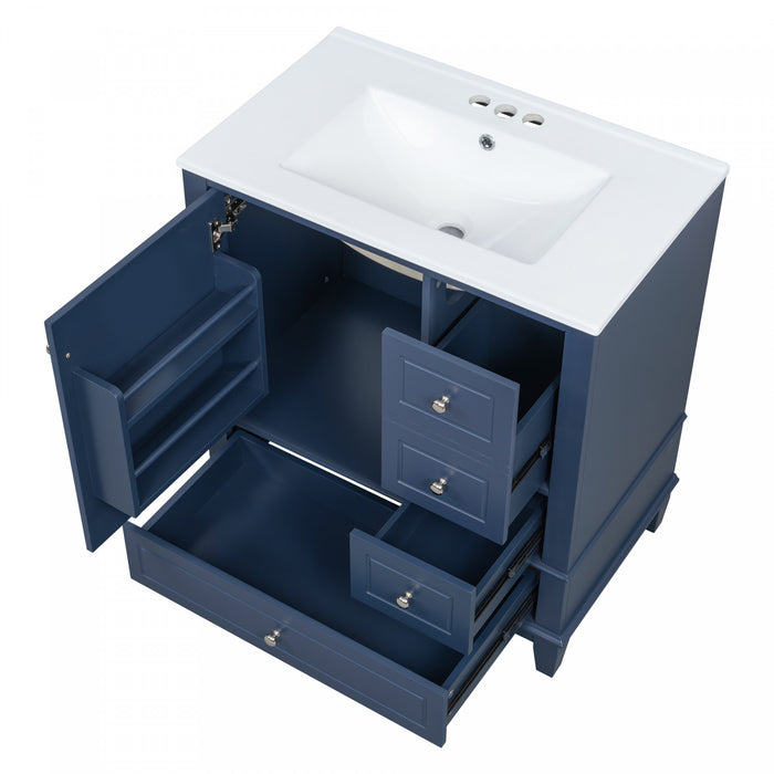 Emma 30\" Solid Wood Bathroom Vanity with Ceramic Sink and Soft-Close Door, Blue